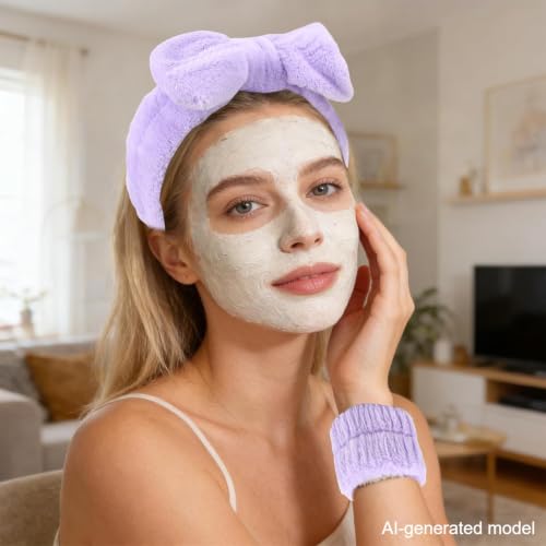Purple Skincare Bubble headband and wristband set for Face Washing - color: Purple