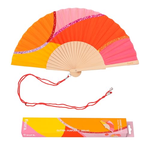 Fisura – Original Folding Fan with Wave Print. Modern and Colorful Wooden Folding Fan. Multicolor Glitter Folding Fan. Includes Strap. Fun Gift idea. 16.7 x 9 in. - color: Waves, Multicolor