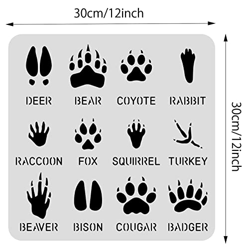 BENECREAT 12 Type Animal Footprint Paw Stencils, 12x12 Deer/Bear/Rabbit/Fox/Turkey Drawing Stencils for Wood Wall Painting and Scrapbooking - color: Animal Paw
