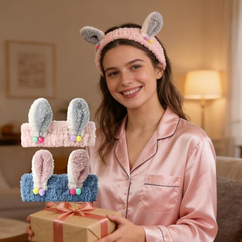 PERFECTSIGHT Kawaii Headband for Spa, Makeup, Washing Face, Party - 2 Pack Cute Hair Band for Shower Beauty Skincare, Soft Facial Headbands for Girls and Women (Pink+Blue Rabbit Ear) - color: Pink+Blue Rabbit Ear