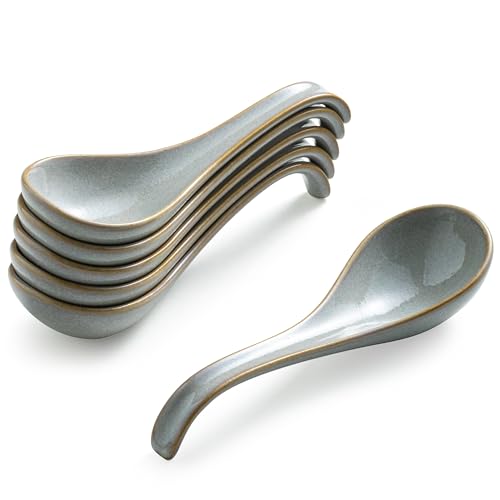 Gomakren Ceramic Chinese Soup Spoon Set of 6, Ramen Spoons 6.5in, Gray - color: Gray
