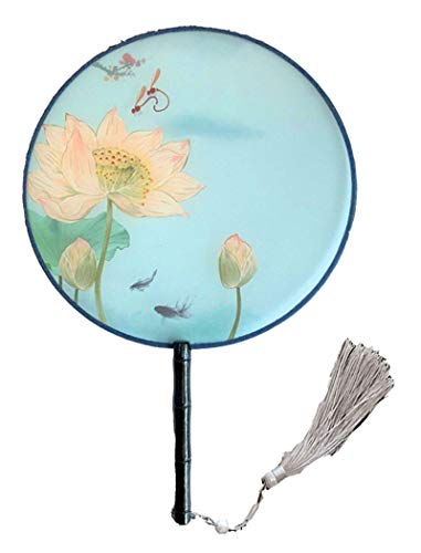 Seres Classic Round Fan,Wood Fan Rib&Semi-Transparent Silk Cloth,10+ Optional Patterns,Diameter 8.3in,团扇 (15.Yellow Lotus) - color: 15.Yellow Lotus