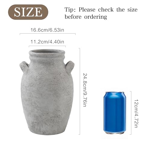Enra Gray Textured Ceramic Vase with Handles, 9.76" Rustic Farmhouse Decor - color: Farmhouse-9.76 in