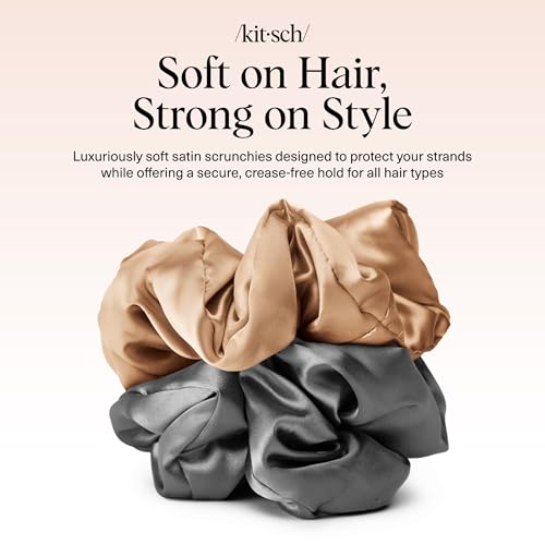 Kitsch Pillow Satin Scrunchies for Women - Charcoal & Gold, 2pcs - color: Gold