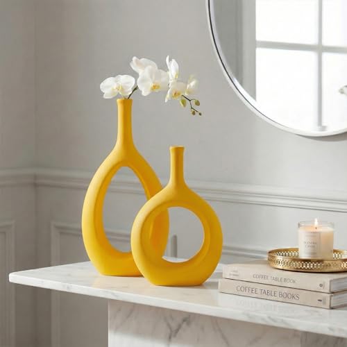 Yellow Ceramic Hollow Elliptical Vase Set of 2 - Boho Circle Vase with Hole, for Modern Yellow Table Decor, Living Room Decor Shelf mid Century Modern Home Entrance Decorative vase - color: Yellow