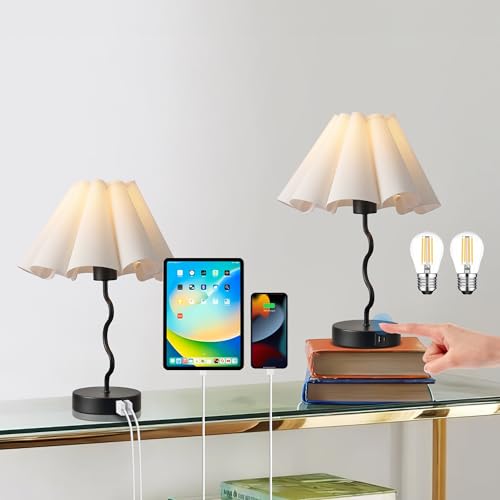 EOEYYOYB Pleated Table Lamp, Set of 2 Table Lamps for Bedroom, Bedside Lamps for Nightstand with Linen Lampshade, Modern Lamp for Bedroom Home Office Decor, Black - color: Black 2 Set