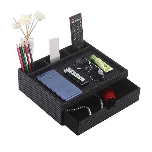 Leather Desk Organizer With Drawers, Home Cosmetics Organizer, Phone Remote Organizer, Drawer Plus Divider & Tray (black) - color: black