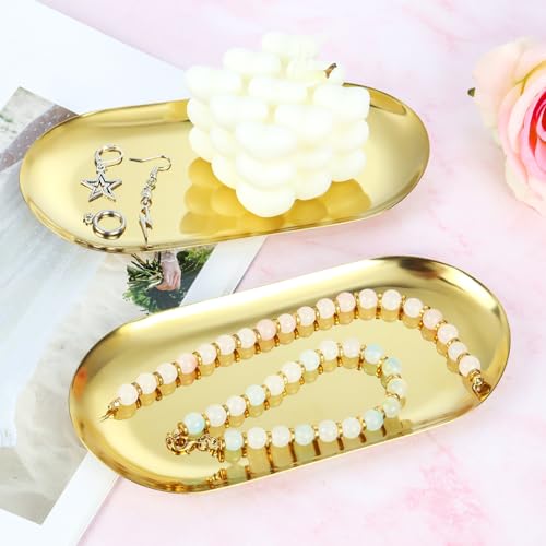 2 Pcs 7" Stainless Steel Decorative Tray Oval Jewelry Dish Cosmetics Organizer Bathroom Vanity Serving Platter Small Storage Trinket Ring Holder for Perfume Candle Key (Gold) - color: Gold