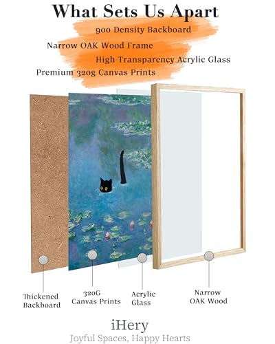 iHery 12x16in Natural OAK Wood Framed Monet Water Lily Cat Wall Art - color: Oak Wood Framed Monet Cat, size: 16"L x 12"W