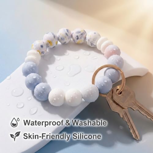 BIHRTC Key Ring Bracelet Car Keychain Holder Wristlet Silicone Women Beaded Bangle Chains - color: Pink Floral