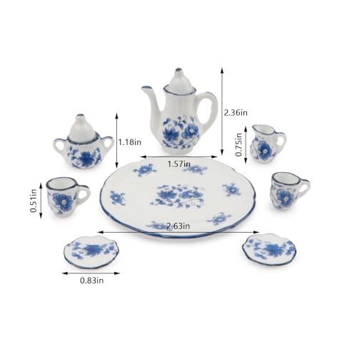 Miniature Tea Set 1/6 Scale Dollhouse Accessories Porcelain Blue Flower - color: Blue Flower
