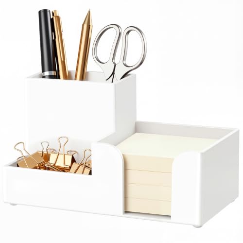 HBlife Acrylic Pen Holder for Desk, 3-Compartment Small Desk Organizer, White Office Supplies Desk Accessories with Sticky Notes Holder Stores Post It Notes 3X3 for Office, Home and School - color: White, size: 6.35”x 3.35” x 3.6”