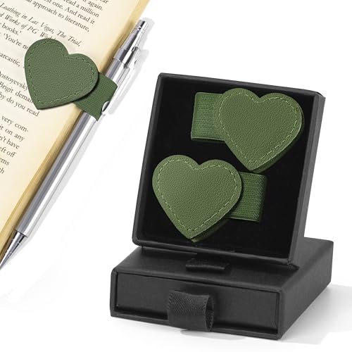 2Pcs Magnetic Leather Bookmarks with Pen Holder Gift Box, Heart-Shaped Magnetic Book Marks for Book Lover Readers Cute Leather Bookmark for Women Girls (Dark Green) - color: Dark Green