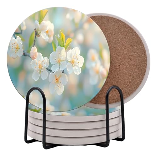 Spring Season Flowers Round Coasters Set of 6 - Abosrbent Ceramic Coasters with Metal Stand for Drinks, Coffee, Non-Slip Cork Back for Tabletop Protection, 4 Inches (Bloom) - color: Bloom