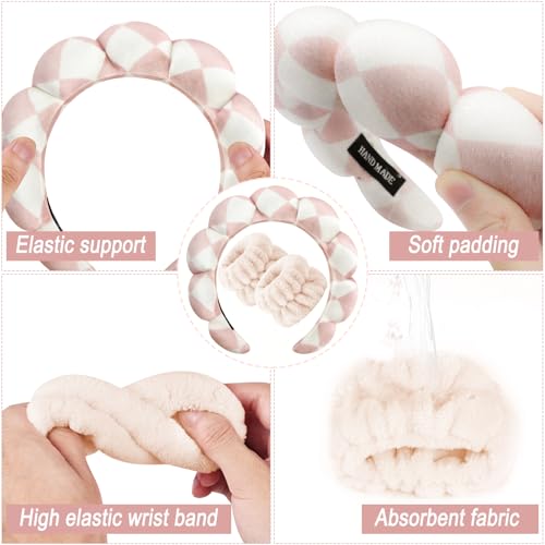 Zkptops Spa Headband for Washing Face Wristband Set Sponge Makeup Skincare Velvet Fabric Bubble Soft Get Ready Hairbands for Women Puffy Headwear Non Slip Thick Thin Hair Accessory (Checkered) - color: ZYE Checkered