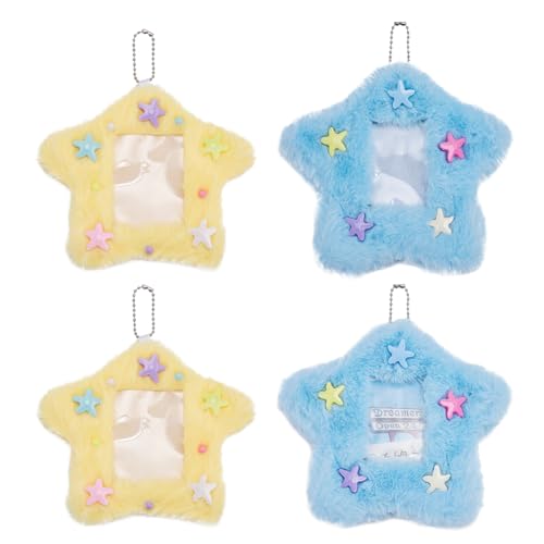 FINGERINSPIRE 4 Pcs Star Photocard Holder with Ball Chain, 2 Size Yellow and Blue Cute Plush Keychain Pendant PhotoCard Holder Protector for ID Card 2.7x1.9inch/2.3x1.7inch Photo Protective Sleeves
