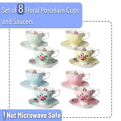 BTaT- Floral Tea Cups and Saucers, Set of 8, 8 oz - color: Multicolor, size: 8 Pack
