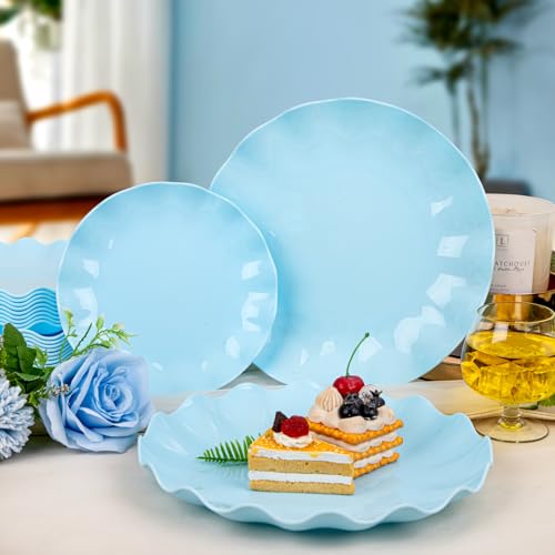 LIYH 24Pcs Light Blue Scalloped Plastic Plates Reusable For Party Events - color: Blue, size: 24(12 Guests)