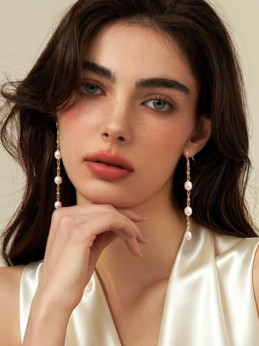Pearl Earrings for Women,14K Gold/Silver Plated Dangle Drop Earrings - color: Gold-D
