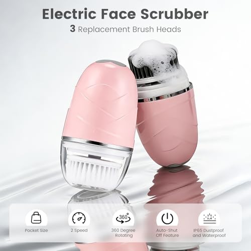 Facial Cleansing Brush, Mini Electric Face Scrubber, Waterproof Face Exfoliator Brush for Deep Cleansing, Portable Face Wash Brush for Travel, Easy to Carry, with 3 Brushheads for Women Mom Men