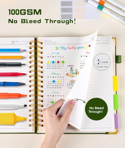 Hardcover Spiral Notebook 8.5"x11" Journal with Removable Dividers Tabs, 300 Pages Leather 5 Subject Notebook College Ruled, Large A4 Notebooks for Work School, Lined Journal for Women, A4 Green - color: Green, size: 8.5"x11"