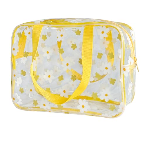 Flower Makeup Bag - Clear Printable Vinyl Cosmetic Pouch,11.81x4.3x8.26inches Waterproof Small Clear Gift Bags for Travel & Organizer (Yellow+White Flowers) - color: Yellow+White Flowers