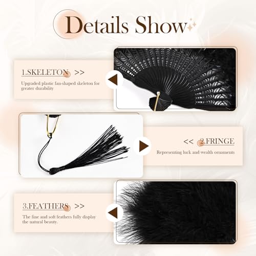 whitefeather Vintage Feather Hand Fan, 17.7 x 11.8 inches, Marabou Feathers, 1920s Style for Costume Parties, Tea Parties - color: Black