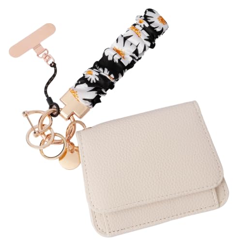 Scrunchie Wristlet Keychain Gift Set for Women with Small RFID Wallet Keychain, Stretchy Key chain with Phone Tether Tab - color: Black Daisy