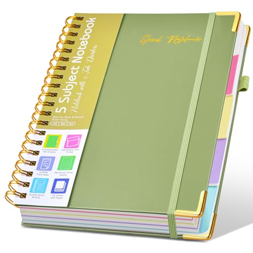 Hardcover Spiral Notebooks for Work, 5 Subject Notebook College Ruled with Dividers Tabs, Lined Organizer Notebook Journal for women, 8"x10" Large B5 Notebooks for School Note taking, 240 Pages Green