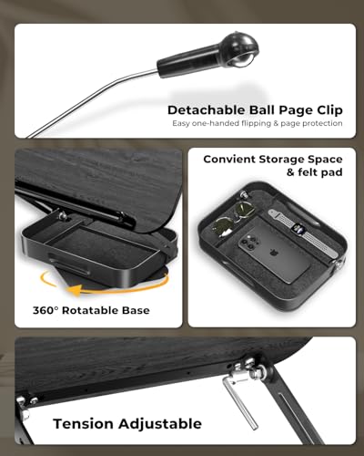 Adjustable Book Stand with Storage Drawer, 360° Rotating Book Holder, Height & Angle Adjustable, Extra-Wide Page Clips for Thick Books, Wood & Aluminum Book Stand for Desk, Study, Kitchen - color: Black