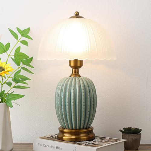 Ceramic Table Lamp Dimmable for Living Room, 16" Modern Vintage Bedside Nightstand Lamps with White Glass Shade,Classic Chinoiserie Retro Bedroom Lamp for Night Stands, Dorm,Office, Home Decor - color: Green Pineapple