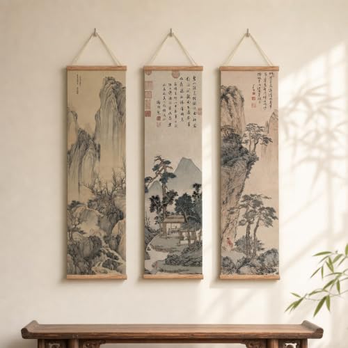 xinyuru Chinese Ancient Landscape Scroll Wall Art Poster - color: landscape-Oak, size: 16"x55"x3 Piece