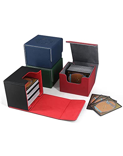 ZLCA Card Deck Box with 2 Dividers for MTG Cards, Large Horizontal Card Storage Box Fits 150+ Single Sleeved Cards, PU Leather Commander Deck box for TCG CCG (Black& Red) - color: A1-Black& Red, size: A-Horizontal PLUS