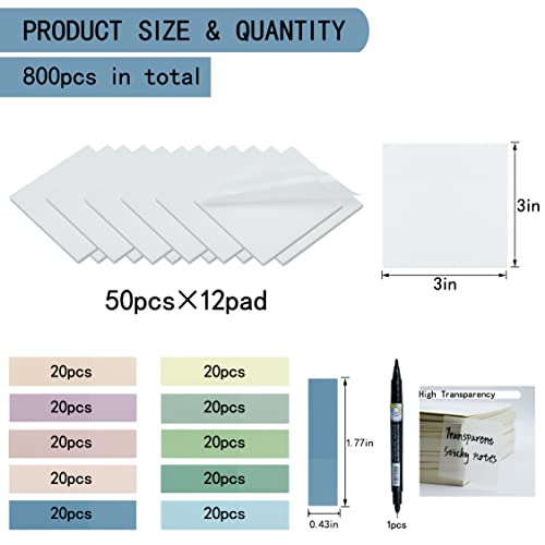 YOUDEFUL 800Pcs Transparent Sticky Note, 3"x3" Clear Sticky Note, White - size: Square White