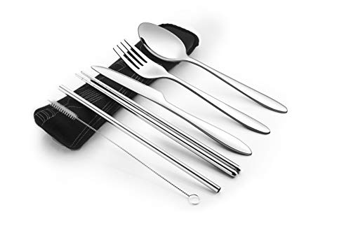 Reusable Travel Utensils with Case | Fork and Spoon Set with Knife, Chopsticks and Optional Reusable Straw– Office, Travel, or Camping Accessories| Lightweight Sturdy Reusable Utensils - color: 6pc Set - Black