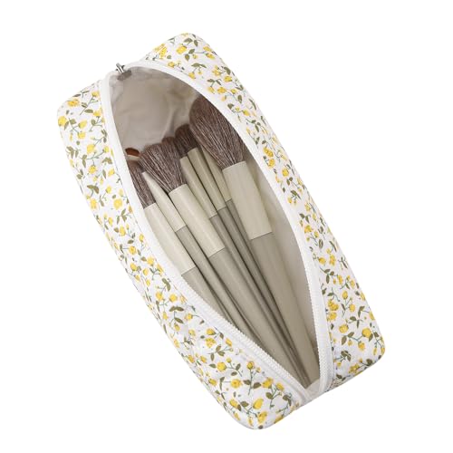 Cute Floral Cotton Makeup Brush Cosmetic Bag for Women, Travel Quilted Zipper Make Up Bag, Flowers Toiletry Organizer Case Kawaii Makeup Cosmetic Travel Cloth Pouch (Yellow Floral) - color: 10 Yellow Floral