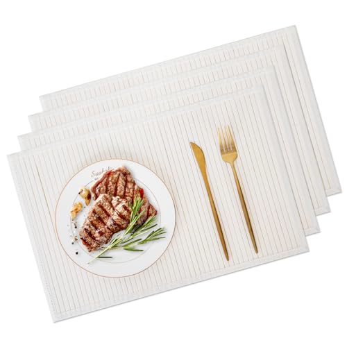 Bamboo Placemats Set of 4 with Fabric Border, Table Mats, White - color: White, size: Set of 4
