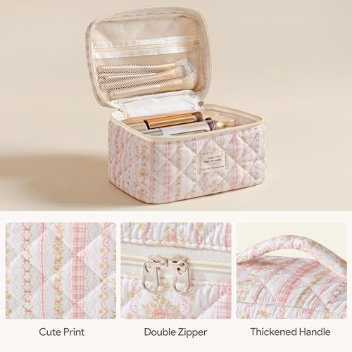 HBselect Quilted Makeup Bag, 3Pcs Cotton Large Travel Makeup Bags Organizer - color: A-3PCS-Floral 25