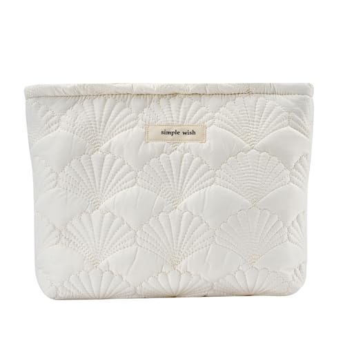 RSRSLEII Quilted Cotton Seashell Makeup Bag, Travel Toiletry Bag, White - color: 01White