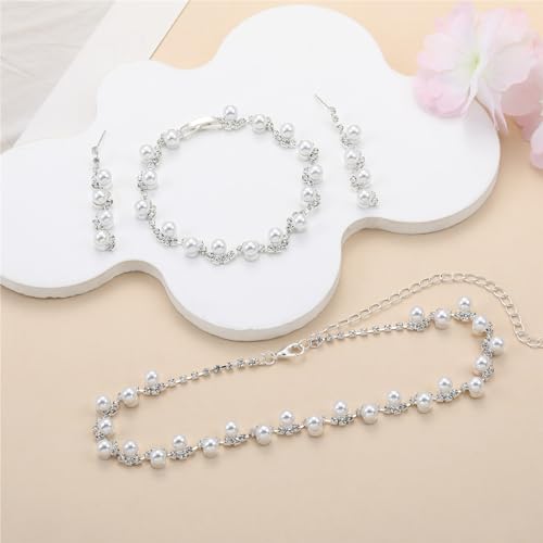 Pearl Bride Wedding Jewelry Set Faux Pearls Crystal Rhinestone Necklace Earrings Bracelet Sets for Women Bridesmaid(3 PCS) - color: Silver - 3-Piece Set