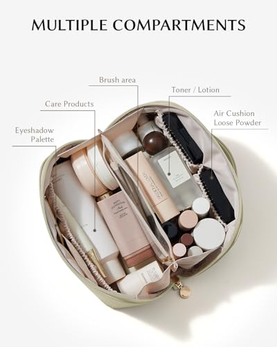 EACHY Travel Makeup Bag for Women, Flat Open Cosmetic Bag, Green, Medium - color: A - Dusty Green, size: Medium