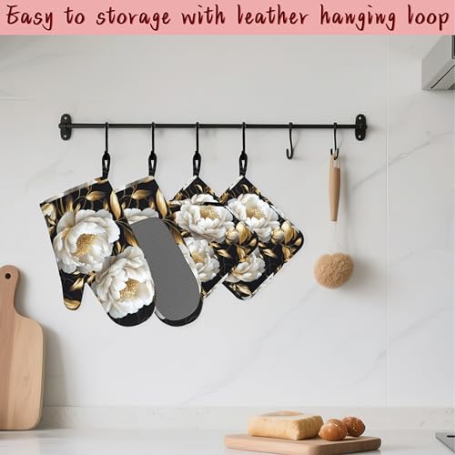 White Flowers Oven Mitts and Pot Holders (4PCS),Glitter Blooming Heat Resistant Non-Slip Silicone Kitchen Gloves for Cooking, Baking, BBQ Waterproof Kitchen Accessories - color: White Flowers Glitter Blooming