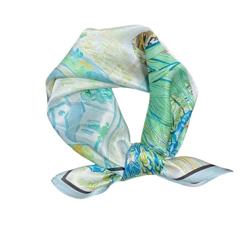 FEIBOON Mulberry Silk Scarf 21"x21" Small Square Scarfs for Women - color: Light Green Oil Painting