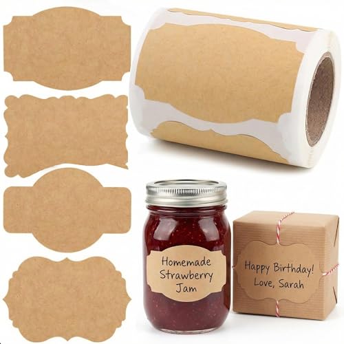SallyFashion Kraft Label Stickers 200 Pack, 3 X 2 inch in 4 Designs - color: Brown