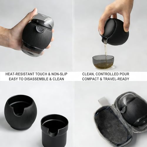 All-in-One Portable Travel Tea Kit, Ceramic Teapot with Removable Infuser, 2 High Borosilicate Glass Tea Cups, Non-Slip Silicone Sleeve & PU Leather Carry Pouch for Camping, Hiking, Office - color: Rhino Black