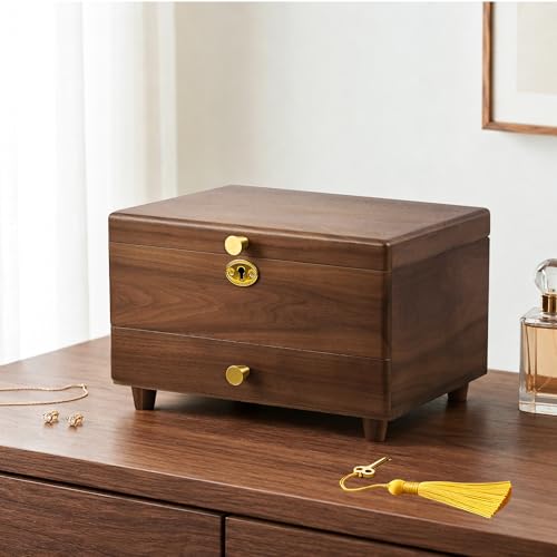 Black Walnut Lockable Jewelry Box with Feet, 3 Layer Wooden Case for Women - color: 3 Layer Full Lock with Feet