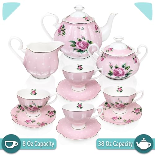 BTaT- Floral Tea Sets for Adults, 13 pcs, Service for 4, Pot (38 oz) & Cups (8 oz) with Saucers, Pastel Pink Floral Design with Gift Box, Porcelain Tea Set for Adult, Dishwasher Safe - color: Pink