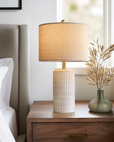 PoKat 23'' Bedside Table Lamp for Bedroom Nightstands, Modern Ceramic Decor - color: Single - Beige and White - 23
