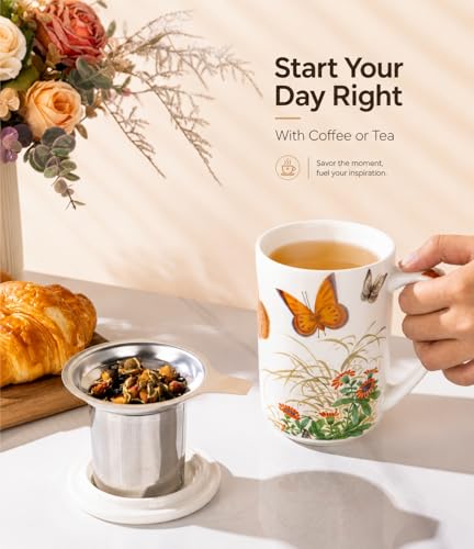 AmorArc Tea Cup With Infuser and Lid, 18oz Loose Leaf Tea Mug With Steeper - color: Butterfly