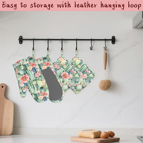 Cactus Flower Succulent Plant Heat-Resistant Silicone Oven Mitts and Pot Holder 4 Piece Set,Non-Slip Kitchen Oven Gloves for Baking, BBQ, Cooking,Grilling - color: Cactus Flower Succulent Plant